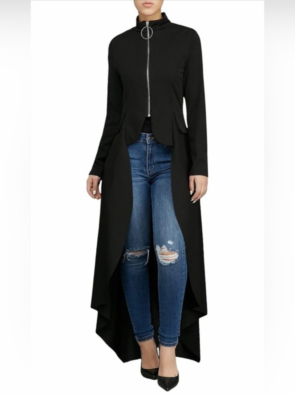 Kosmios Gothic High Low Tailcoat Jacket Black Victorian Zip Trench Coat M